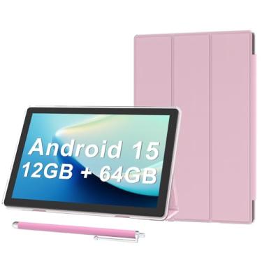 Imagem de Tablet Android 15 de 10 polegadas com capa, 12 GB de RAM + 64 GB de ROM (expandir para 1 TB), tablets com processador Quad Core, 5G WiFi 6, BT5.0, tela HD de 1280 x 800, 6000 mAh, câmera dupla, GMS