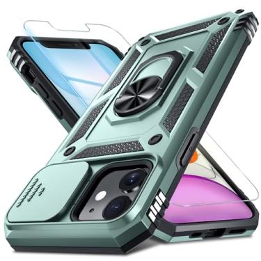 Imagem de Janmitta Capa para iPhone 11 Capa de telefone embutida para lente de câmera deslizante + protetor de tela, capa de telefone de corpo inteiro resistente à prova de choque com suporte de anel de dedo