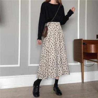 Imagem de Saia Midi Feminina Vintage Floral - Plissada, Cintura Elástica e Estil