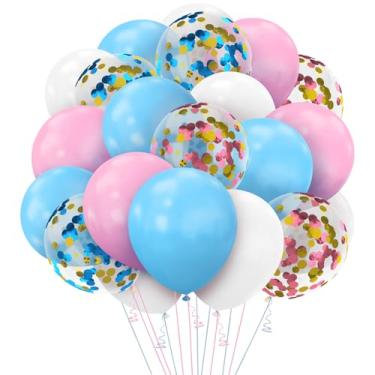 Imagem de Balões rosa e azuis, balões reveladores de gênero, 62 peças, balão azul rosa branco de 30,5 cm, balão de festa de confetes de látex para revelação de gênero, aniversário, casamento, aniversário, chá