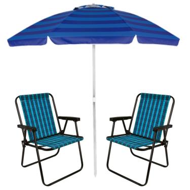 Imagem de Kit 2 Cadeiras Xadrez Aço Marine + Guarda Sol Alumínio Articulado 2 Metros Azul Mor