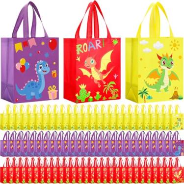 Imagem de Eccliy 80 peças de sacolas de presente de dinossauro, lembrancinhas de festa de verão, não tecido, reutilizável, sacola com alças, lindos sacos de guloseimas brilhantes para compras, guloseimas, doces