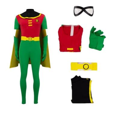Imagem de EDAUWAE Fantasia Robin masculina de luxo, capa de super-herói, cosplay de Halloween, body com luvas, cinto e máscara para os olhos, conjunto completo 2GG