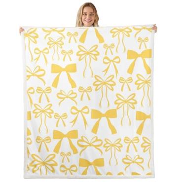 Imagem de Cobertor infantil com laço amarelo manteiga, gravata borboleta, nó de princesa, cobertor de cama para meninas e mulheres, cobertor felpudo bonito moderno, 101 x 127 cm