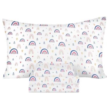 Imagem de Ivellow Jogo de lençol solteiro infantil 100% algodão natural, macio, respirável, durável, leve, crocante, percal, 40,6 cm, lençol com estampa de arco-íris, fofo, kawaii, essencial