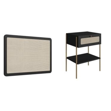 Imagem de Conjunto Cabeceira Solteiro 90cm e Mesa de Cabeceira 1 Gaveta Pé Metal Dourado Palhinha Oslo Nero/Dourado