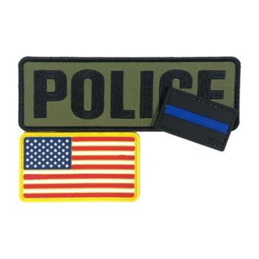 Imagem de uuKen 3 peças de adesivos bordados policiais 15 cm × 5 cm com fecho de gancho na parte de trás para mochilas, coletes, roupas, porta-pratos (3 peças, verde, bandeira, patch azul fino)