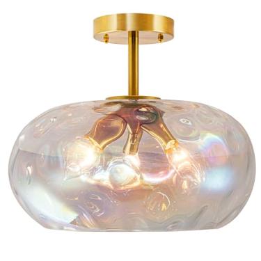 Imagem de FTL Luminária de teto de montagem semiembutida dourada, 3 luzes, lustre de abajur de vitral martelado, grande de 35,5 cm, moderno, perto do teto, para hall de entrada, cozinha, quarto