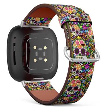 Imagem de Pulseira de relógio compatível com Fitbit Sense/Sense 2/Versa 4/Versa 3, pulseira de relógio de couro de substituição (arte floral Naif de caveira de açúcar)