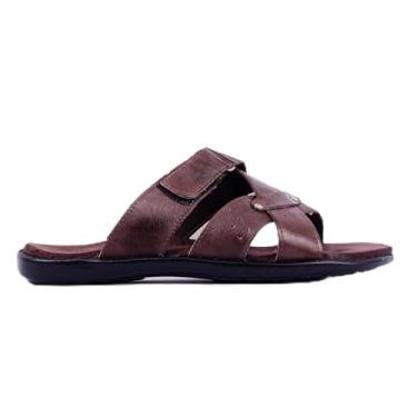 Imagem de Chinelo Premium em Couro, Design Cruzado, Antiderrapante, Confortável, Casual, Sandália Masculina com Tiras Ajustáveis (Marrom, BR, Adulto, Numérico, 40)