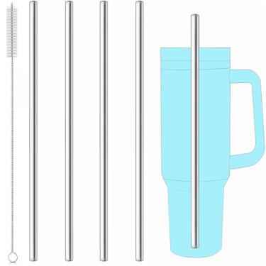 Imagem de Conjunto de 4 canudos de metal reutilizáveis, canudo longo de aço inoxidável com escovas de limpeza e estojo, bebendo para copos de 1,13 l e 850 g.