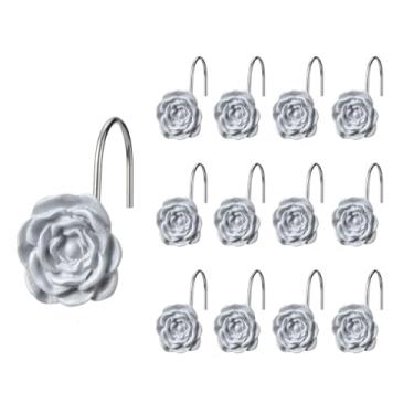 Imagem de SUQ I OME Ganchos decorativos para cortina de chuveiro, 12 peças, cinza, rosa, pequena flor, resina, ganchos de cortina de chuveiro, anéis para banheiro, quarto de bebê, azul