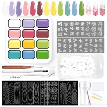 Imagem de U-Shinein Conjunto de unhas de gel gradiente, 12 cores brilhantes para esmalte ombré, kit de pratos de verão com 14 ferramentas de arte de unhas, gel de pintura francesa, manicure de unhas francesas