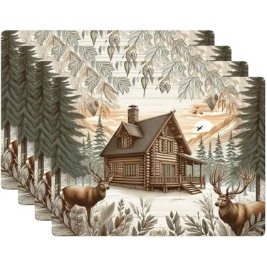 Imagem de Conjunto de 4 jogo americano com suporte de cortiça, decoração de cozinha e mesa de jantar jogo americano rígido 30,5 x 40,6 cm (cabine florestal)
