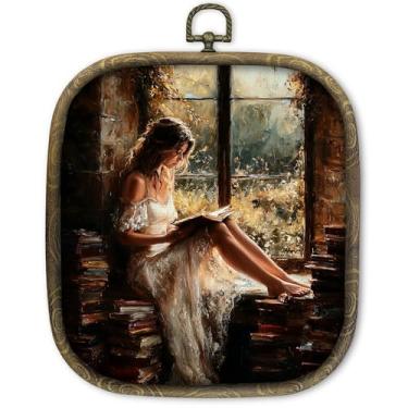 Imagem de KSDUT Vintage Woman Reading Wall Art Decor - Dark Academia Library Wall Art Canvas Frame Hanging Prints, Rustic Cottagecore Bookish Square Wall Art Decor para decoração de quarto de casa 16,5 x 14,5