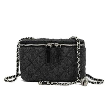 Imagem de M-ioi-M Mini bolsa tiracolo de brim acolchoada para mulheres, pequena bolsa jeans com alça de corrente ajustável, capa estilo boxy designer, Preto empoeirado, Mini, Clássico