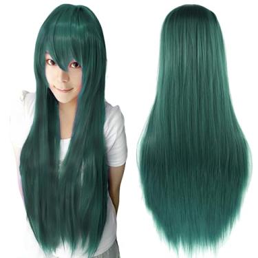 Imagem de IMISSU Perucas de cosplay de cabelo natural longo e reto com franja colorida fantasia de Halloween peruca de festa para menina (Verde escuro)