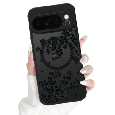 Imagem de OOK Capa magnética adequada para Google Pixel 10 Pro XL de 6,8 polegadas (compatível com carregamento sem fio) TPU macio e capa de telefone de policarbonato rígido com flores florais pretas, capa de