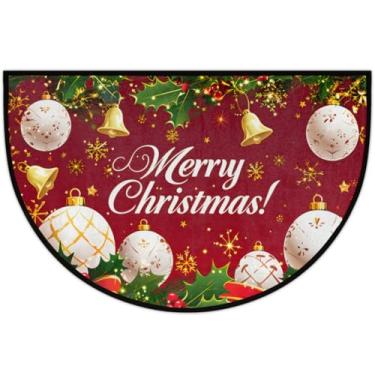 Imagem de Tapete de porta meio redondo de Natal, sinos de Natal, flocos de neve, bolas, semicírculo, tapete antiderrapante, tapete macio para entrada interna, resistente ao desgaste, tapete de boas-vindas para