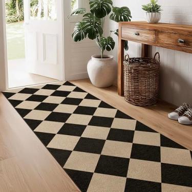 Imagem de Tapete de juta fácil quadriculado lavável, 6 x 15 cm de diamante preto, geométrico, para ambientes externos, ambientes internos, tapete de corredor longo, leve, antiderrapante, para corredor, cozinha