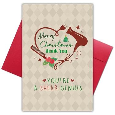 Imagem de Cartão de agradecimento de Natal para cabeleireiro estilista, saudação de agradecimento de férias para trabalhador de salão de barbeiro esteticista, presente engraçado de cartões de Natal de gênio de