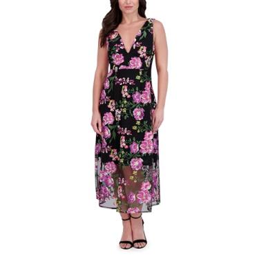 Imagem de Siena Vestido maxi feminino sem mangas com decote em V bordado de malha evasê, Preto Multi, 38