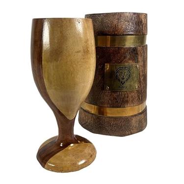 Imagem de collectiblesBuy Conjunto Combo Tankard Feito à Mão Cerveja Madeira Natural Vinho Cálice e Caneca Logotipo do Rei Leão Antigo Latão Barreled Retro Marrom