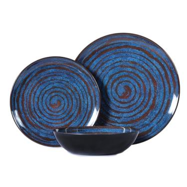 Imagem de Yummost Conjunto de louça de melamina, conjunto de pratos e tigelas de 12 peças, conjunto de pratos de plástico com rosca azul, serviço para 4, livre de BPA, lavável na lava-louças