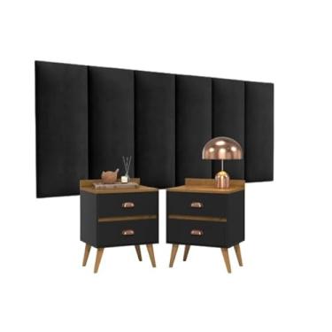 Imagem de Conjunto Para Cama Quarto Cabeceira Suspensa 1,40 e Kit 2 Mesas de Cabeceira Madero (7 MÓD PRETO + 2 MADERO PRETO/FREIJÓ)