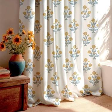 Imagem de StangH Cortinas florais de 213 cm para quarto de bebê - Cortinas texturizadas de linho com bolso traseiro para varão - Cortinas boêmia para sala de estar - 132 x 213 cm, amarelo canário, conjunto de 2