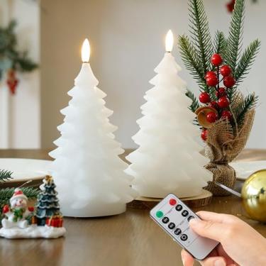 Imagem de Conjunto de 2 velas de árvore de Natal sem chama com temporizador 6H - velas de LED de cera branca de 21,6 cm operadas por bateria, vela elétrica verde operada a bateria para celebração de ano novo
