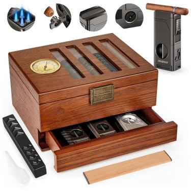 Imagem de Umidor de Charutos SEMKONT - Gaveta com Fechadura Retrô, em Cedro, Tampo de Vidro com Higrômetro Embutido, com Umidificador