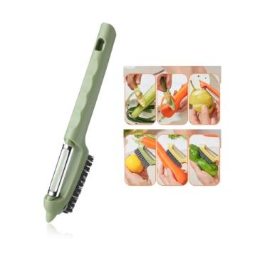 Imagem de OLEKURT Descascador de legumes com escova, cabo confortável 2 em 1 com lâminas afiadas de aço inoxidável - Descascador multifuncional de cozinha para vegetais, frutas, batata, cenoura, maçã - verde