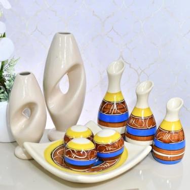 Imagem de Kit 9 Jarros Decorados Trio Vaso Ceramica Enfeite Centro Mesa Sala Enfeite Casa Rack Aparador Nicho Jarros Decorativos Para Sala(AZUL AMARELO DS 9PÇS)
