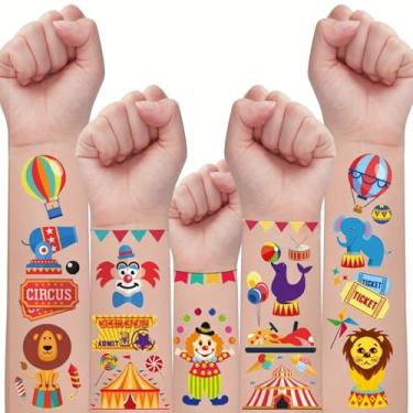 Imagem de 10 folhas de decorações de festa com tema de circo, 115 estilos, tatuagens temporárias não tóxicas, lembrancinhas, lembrancinhas, tatuagens de circo coloridas falsas, adesivos de longa duração para