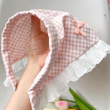 Imagem de Lenço triângulo de renda rosa quadriculado verão feminino doce faixa de cabelo respirável para uso diário ao ar livre protetor solar acessórios para faixa de cabeça