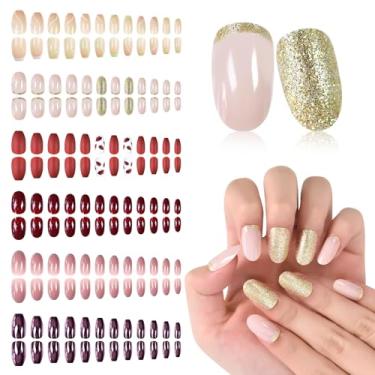 Imagem de 6 pacotes (144 peças) unhas de pressão design médio, caixão de unhas postiças com glitter e cola oval em unhas com abas adesivas, lixa de unha acrílica, kits de unhas postiças para mulheres