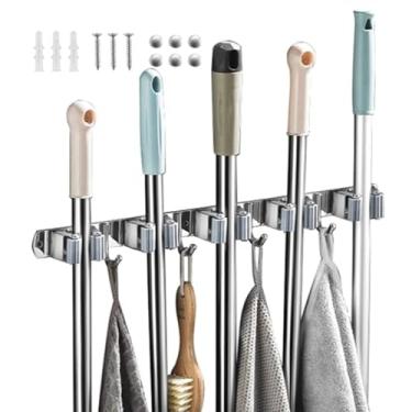 Imagem de Suporte de Parede para Vassouras em Aço Inox, Organizador com 7 Compartimentos, Porta Vassouras e Acessórios de Limpeza