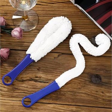 Imagem de Escova de limpeza flexível para copo de vinho e decantador, limpador doméstico de cerdas macias para vidro, garrafas, vasos – Escova de garrafa de cabo longo com aderência azul