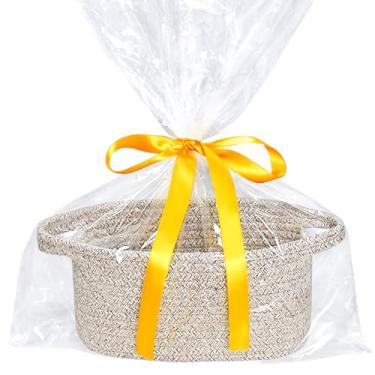 Imagem de Cesta de armazenamento pequena com saco de presente e fita, mini cesta, linda cesta de tecido de corda de algodão, cesta de prateleira, cesta decorativa boho, cesta de presente vazia