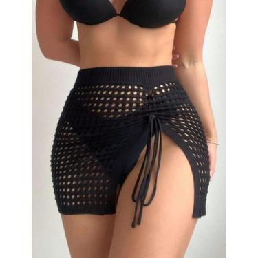 Imagem de Saia curta de praia sobreposição cós alto ajustável cordão furos moda 