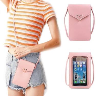 Imagem de Bolsa transversal para celular feminina de couro sintético com alça transversal transparente para tela sensível ao toque, bolsa de janela com coração de metal de pressão rosa imitação de couro capa de