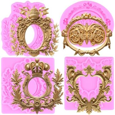 Imagem de MIYAHOUSE Moldura barroca para fondant moldes de silicone para decoração de bolos, topo de cupcake, pasta de goma de chocolate, argila de polímero, conjunto de 4
