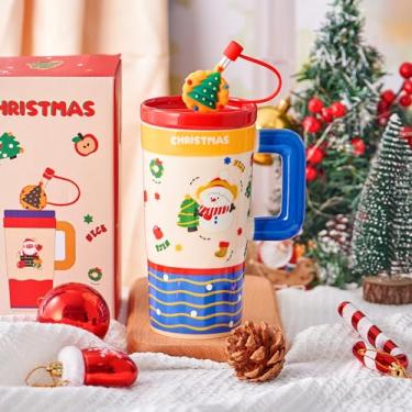 Imagem de Ursword Caneca de Natal, canecas de café fofas de boneco de neve com tampa e canudo, caneca de café grande de 623 g para bebidas de férias, xícaras altas de cerâmica para chá com leite cappuccino