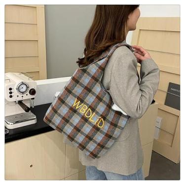 Imagem de Bolsa feminina xadrez vintage – Bolsa de ombro de lã com bordado para deslocamento diário, Azul, Medium, Mochila casual