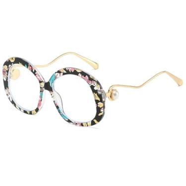 Imagem de JRLLFD Óculos de sol ovais de metal com armação grande e luxuosa para mulheres e homens, para dirigir ao ar livre, UV400 (transparente com flor)