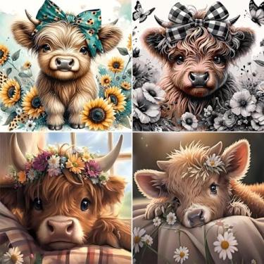 Imagem de Pintura por números para adultos e crianças iniciantes, pacote com 4 kits de pintura de vaca por números em tela, kit de pintura de artista número por número de tintas acrílicas para pintura a óleo