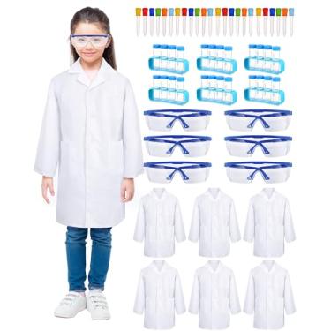 Imagem de Unittype 6 Set 66 Pcs White Kids Lab Coats Bulk Children Girl Doctor Scientist Costume Lab Coat Goggles Test Tube Eyedropper(L)