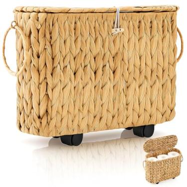 Imagem de Weysat Cesto de papel higiênico de vime com tampa e rodas destacáveis, suporte de papel higiênico boêmio, fino, comporta até 9 mega rolos para organizador de decoração de casa de banho
