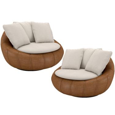 Imagem de Kit 02 Poltronas Giratórias Para Sala De Estar Kira M03 Couríssimo Whisky Linho Cru - Lyam Decor